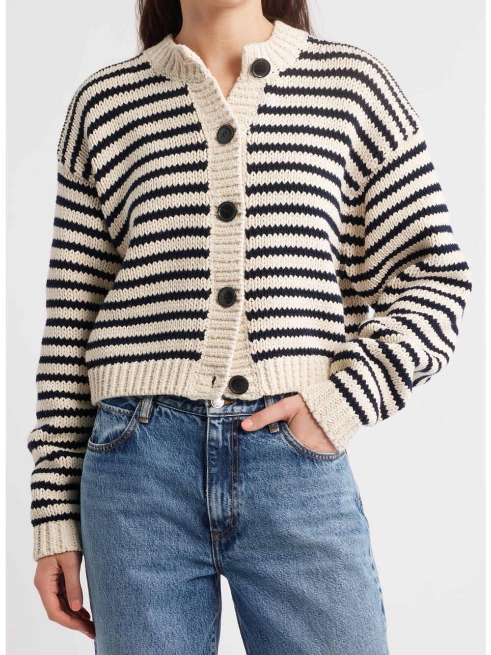 FRAME The Stripe Chunky Cotton Cardigan Size S - Picture 1 of 6